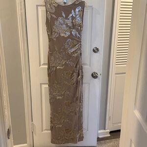 Donna Karan Taupe Maxi Dress with Gold Sequin Floral Accents